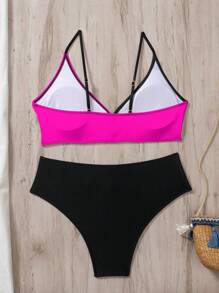 SHEIN Swim Spring Break Women Summer Beach Contrast Color Cross Backless Sexy Bikini Swimwear Set - Multicolor - View 4