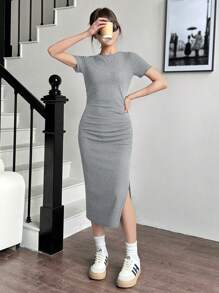 SHEIN Tienermeisjes Rib gebreide taille gerimpelde split casual jurk