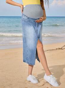 SHEIN Pregnant Women Solid Color Patchwork Pocket Simplex Casual Denim A-Line Skirt - Light Wash - View 3