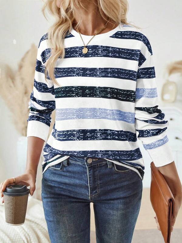 EMERY ROSE Women Crew Neck Long Sleeve Striped Casual Top Graphic Tees Women Tops For Spring Outfit