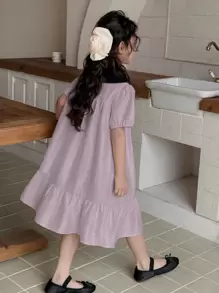 Dazy Kids Tween Girl Color Block Doll Face Bow Decor Woven Short Sleeve Dress, Summer,Back To School Clothes - Purple - View 2