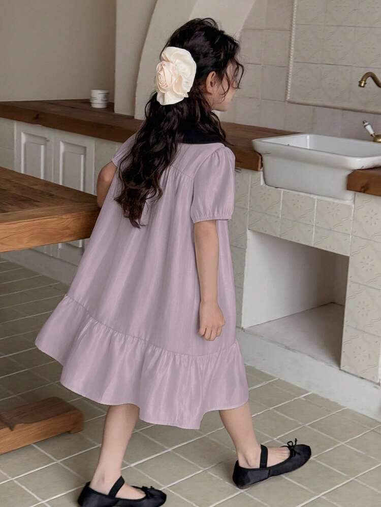 Tween Girl Color Block Doll Face Bow Decor Woven Short Sleeve Dress, Summer,Back To School Clothes