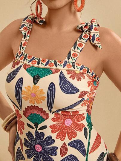 Travachic Plus Size Vacation Casual Tropical Beach Summer Swimsuit Floral Print Shoulder Strap Sexy One-Piece For Women
