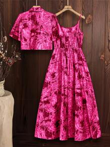 SHEIN Clasi 女士扎染短袖衬衫和吊带裙两件套，休闲假日风格 - 彩色 - 查看 2