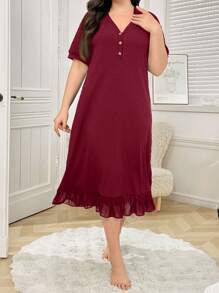 SHEIN Camisón de punto acanalado con ribete de encaje para mujer de talla grande - Rojo - Ver 4