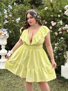 Lyrianda Sexy & Fashionable Oversized Summer V-Neck Sleeveless Hollow Out Design Ruffled Mini Dress For Women - Yellow - View 5