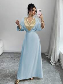 Chiquease 女士优雅贴花领流苏 V 领收腰中东斋月长裙 - 藍色 - 查看 6