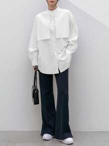 Dazy-Less Solid Button Front Drop Shoulder Shirt Old Money Style Business Casual Women Long Sleeve Top - White - View 2