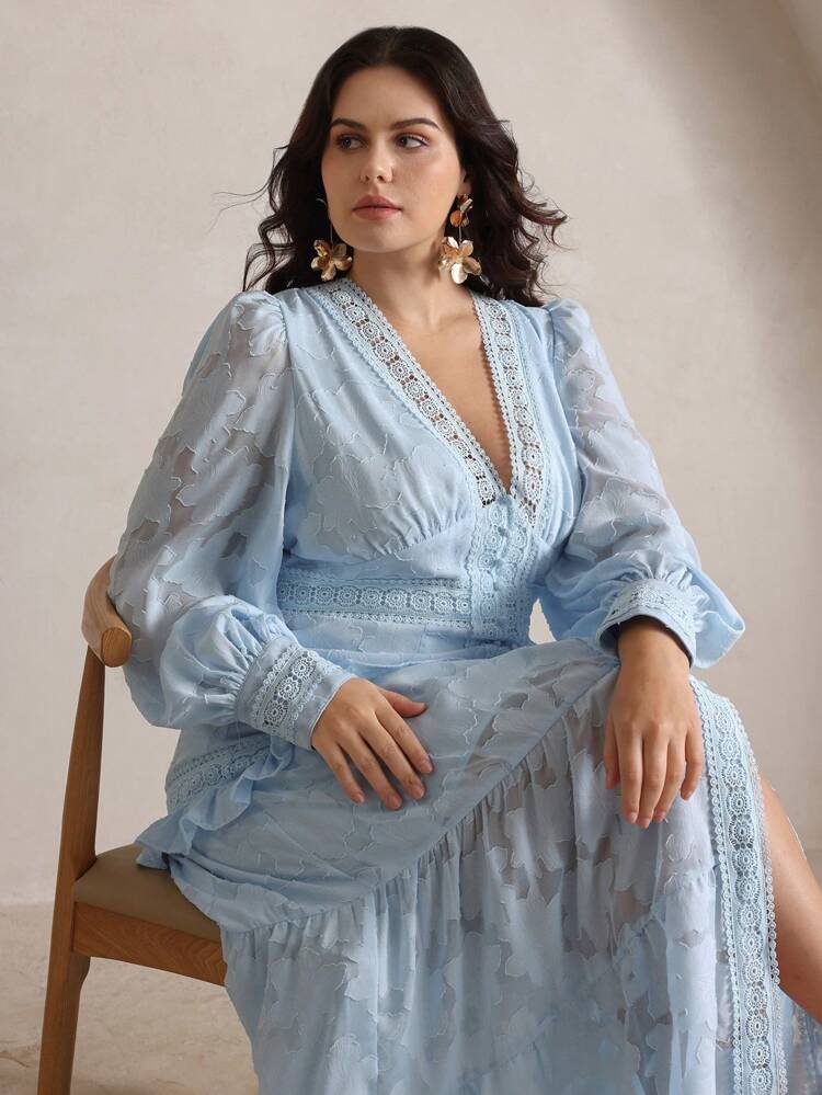 Elegant Plus Size V-Neck Long Sleeve Crochet Lace Patchwork Ruffle Hem Fitted Dress, Festival, Going Out, Vacation Outfit For Women Summer Dresses For Women Women Long Dresses Dresses For Women Spring Spring Dresses For Women Women Maxi Dresses