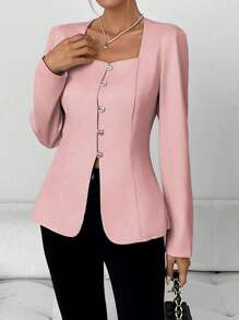 SHEIN Clasi Women's Elegant Solid Color Casual/Office Trapezium Collar Long Sleeve Shirt With Metal Buttons, A-Line Cut, Apricot Color, Spring/Autumn/Winter - Pink - View 3