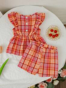Baby Mädchen gestreifte Rüschen-Top ärmellos und Shorts Lässig Outfit, Sommer - Rot - Übersicht 2