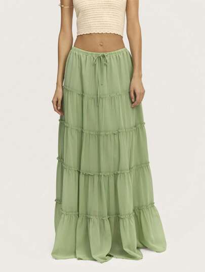 Nöista Women Solid Color Maxi Skirt Tie Ruffled Spring Summer