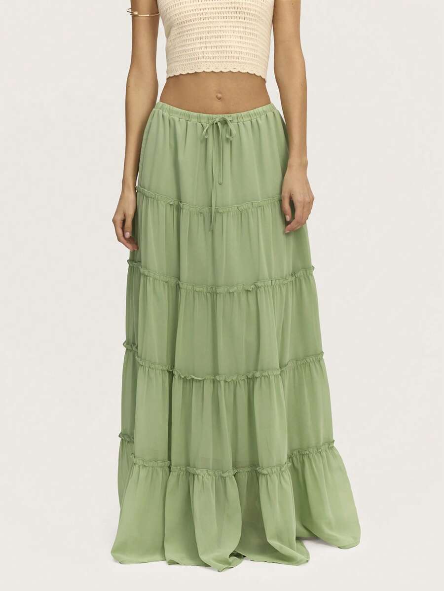 Nöista Women Solid Color Maxi Skirt Tie Ruffled Spring Summer - Green - View 1