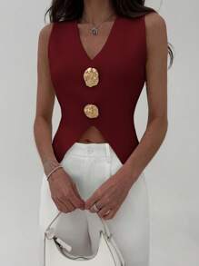 Aloruh Women Solid Color Sleeveless Metal Decor Minimalist Sweater, Suitable For Summer - Rose Red - View 3