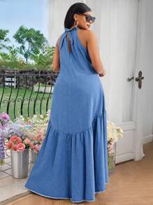 大码后背系带褶饰无袖休闲牛仔性感连衣裙 - 藍色 - 查看 4