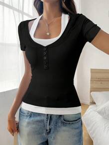 Zavorell Tricou slim 2 în 1 cu bloc de culoare șic - Negru - Vizualizare 3