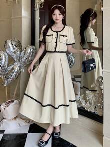 DAZY Bộ 2 món áo và chân váy nữ cổ tròn tay phồng cài cúc phía trước, phối ren tương phản, thanh lịch. - Màu be - Xem 5