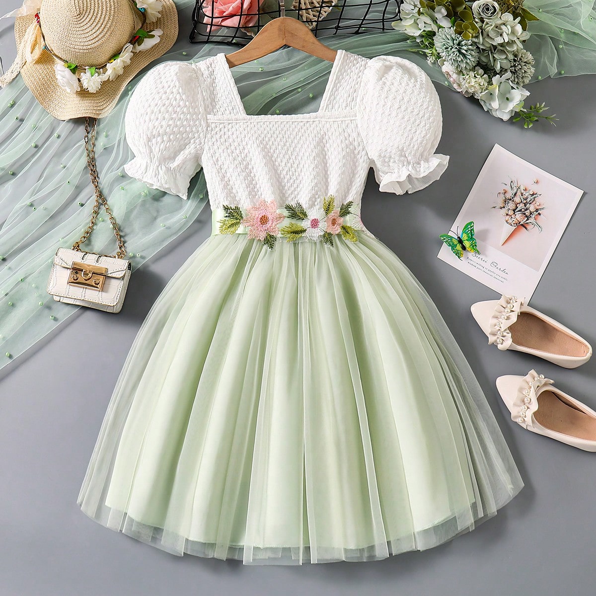 Vestido de niña para la temporada de bodas, vestido blanco de princesa con cinturón a la cintura, vestido corto de manga corta y línea A con manga