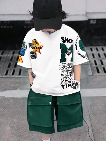 Tween Boys' Loose Fit Casual Round Neck Pattern Short Sleeve T-Shirt & Shorts Set
