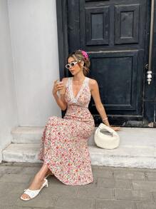 Pariaura 女士优雅法式蕾丝拼接花卉印花无袖连衣裙 - 彩色 - 查看 6