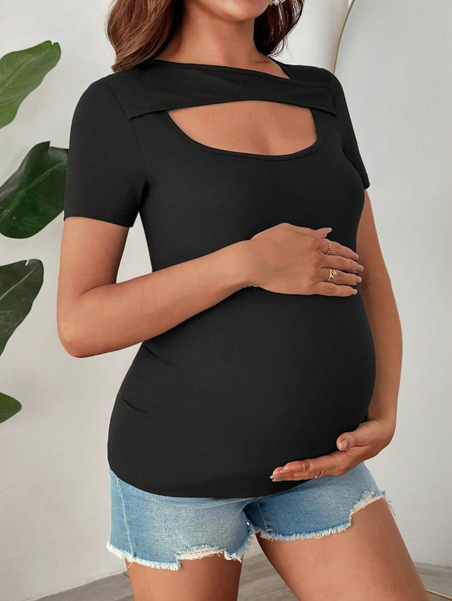 SHEIN Pregnant Women Scoop Neck Hollow Out Short Sleeve Elastic T-Shirt And Pants Set - Black - View 1