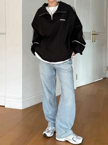 Dazy-Less Letter Embroidery Detail Contrast Piping Raglan Sleeve Half Zip Sweatshirt - Black - View 2