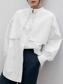 Dazy-Less Solid Button Front Drop Shoulder Shirt Old Money Style Business Casual Women Long Sleeve Top - White - View 12