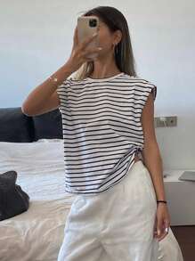 Livesso Camiseta De Cuello Redondo A Rayas Con Hombreras Para Ocasiones Casuales De Verano - Blanco y Negro - Ver 4