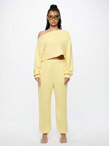 SUMWON WOMEN 露肩短款运动衫休闲居家运动健身上衣秋冬街头风套头衫运动休闲装 - 黃色 - 查看 3