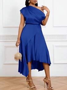 SHEIN Tall CURVE 大码不对称下摆缎面礼服，腰部收紧，优雅晚礼服婚礼宾客礼服女士新娘送礼会礼服白色俱乐部俱乐部服装女士性感 - 寶藍色 - 查看 4