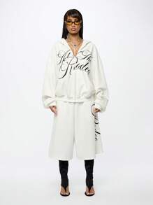 SUMWON WOMEN 超大高腰阔腿百慕大短裤休闲舒适家居服抽绳图案慢跑裤裙四季百搭裤装 - 白色 - 查看 3