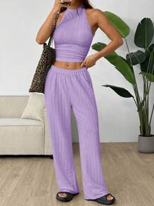 SHEIN EZwear 淡紫色针织女士休闲紧身两件套 - 紫丁香色 - 查看 4