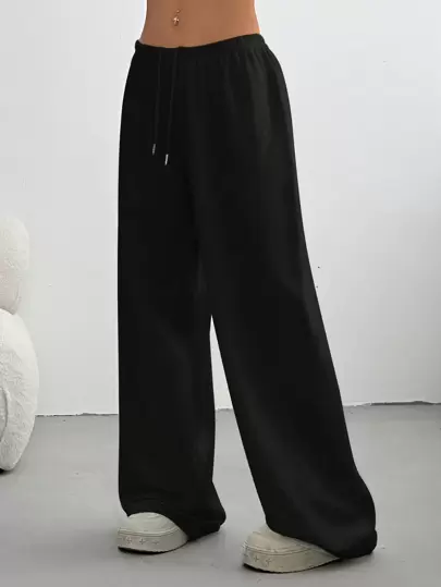 SHEIN EZwear Plus Size Low-Waist Drawstring Wide-Leg Sweatpants Graduation,Back To School,Graduation,Teacher,Back To School Wide Leg Sweatpants Loose Pants,Business Casual Women