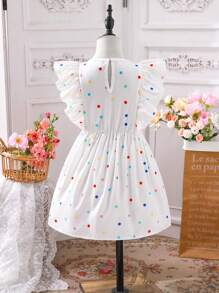 SHEIN 1 Piece Girls Summer Cute Toddler Rainbow Cloud Colorful Polka Dot Ruffle Hem Smiling Face Waist Gathering Casual/Cute/Travel Dress, Suitable For School And Outings In Summer Rainbow Girls Dress Rainbow Dress For Girls Rainbow Dress For Kids Princess Dress For Girls Young Girls Dresses Rainbow Dress Kids