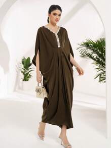Al Najma 女士优雅亮片装饰蝙蝠袖阿拉伯风格连衣裙 - 摩卡棕 - 查看 9