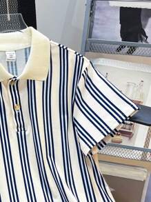 SHEIN Leap Crew 男童休闲舒适百搭百搭印花罗纹针织 Polo 领半襟套头衫，适合春、夏、秋、冬各季节上学、花园、海滩、生日 - 白色 - 查看 5