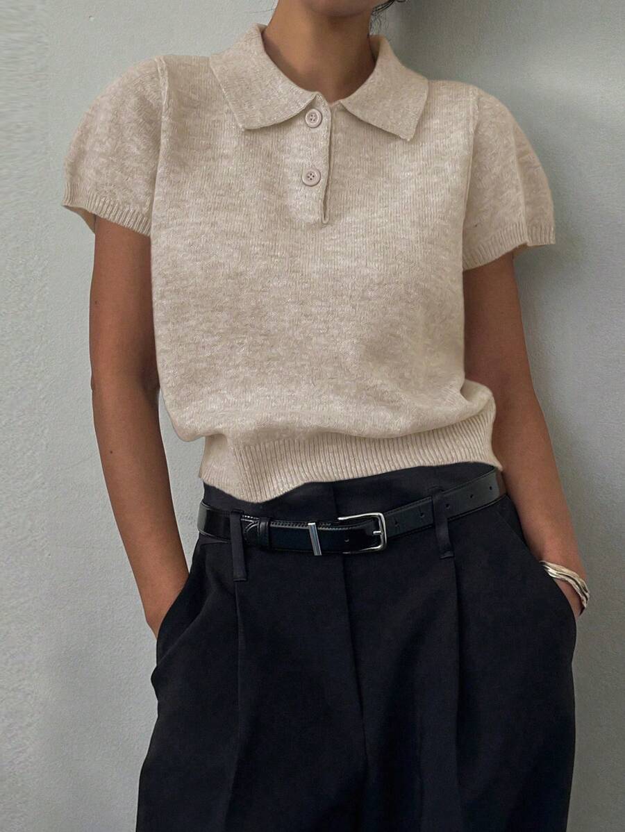 DAZY Solid Color Fitted Short Sleeve POLO Collar Casual Knit Top For Women, Spring/Summer,Back To School Clothes