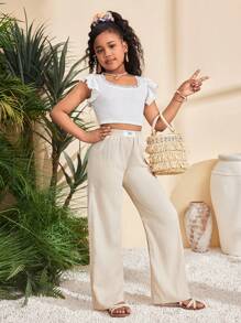 SHEIN Tween Girls' Casual Everyday Woven Texture Elastic Waist Pocket Wide Leg Pants, Spring/Summer