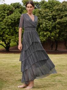 Anewsta Đầm Maxi Cổ Chữ V Tay Lửng Xếp Ly Eo Peplum Viền Xếp Ly Cổ Chữ V Thanh Lịch Thời Trang, Lễ Hội, Đi Chơi, Trang Phục Kỳ Nghỉ Cho Phụ Nữ, Trang Phục Mùa Xuân Giản Dị - Bạc - Xem 6