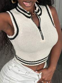 BamGleam Knitted Sleeveless Cropped Women's Sweater Vest, Standing Collar And Black And White Striped Women's Top With Diamond Zipper, Casual And Sexy Spring And Summer Women's Clothing That Meets Basic Travel Needs