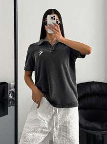 SHEIN EZwear 仿旧雪花印花宽松 Polo 领短袖 T 恤