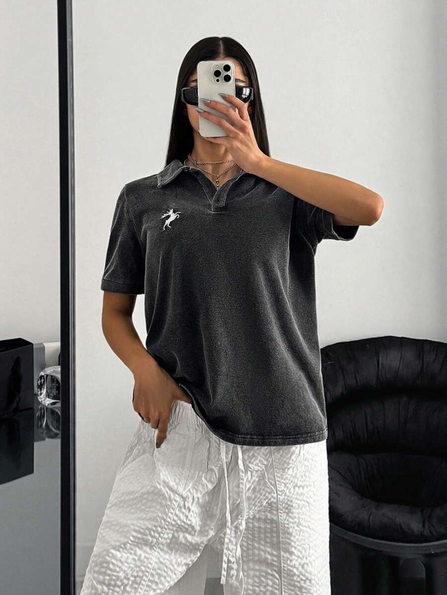 SHEIN EZwear 仿旧雪花印花宽松 Polo 领短袖 T 恤