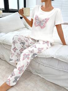 SHEIN Fashion Butterfly Placement Print Short Sleeve Top And Pants Set Bridallingerie - White - View 5