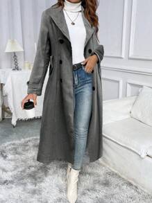 SHEIN Clasi 女士秋冬翻领双排扣休闲外套 - 黑色 - 查看 1