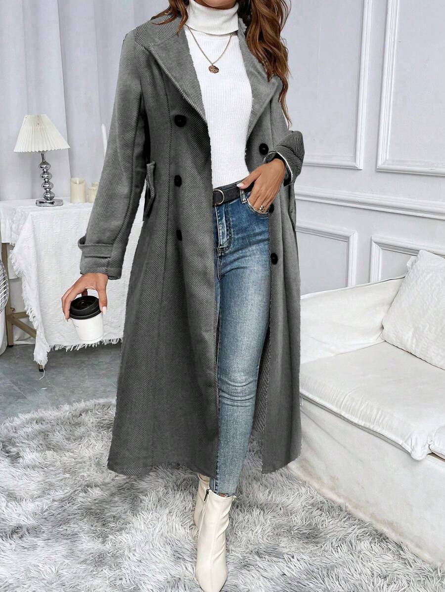 SHEIN Clasi 女士秋冬翻领双排扣休闲外套 - 黑色 - 查看 1