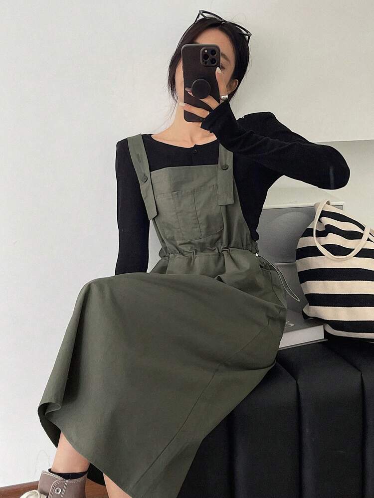 Women'S Drawstring Waist Patch Pocket Overalls Dress,Back To School Clothes,Fall Dress Long Sleeve Dress