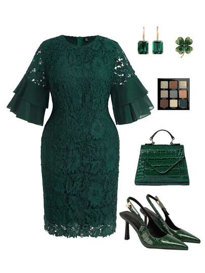 Ellevyn 大码纯色镂空简约优雅蕾丝连衣裙，浪漫连衣裙，女士纯色连衣裙，女士夏装，女士优雅连衣裙，连衣裙，女士绿色连衣裙，中长连衣裙，蕾丝连衣裙，节日连衣裙，节日连衣裙，女士夏季服装