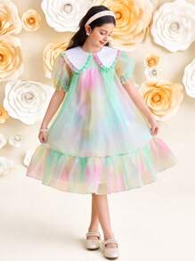 SHEIN Leap Crew 青少年女孩宽松可爱翻领渐变色欧根纱短袖 A 字形连衣裙 - 彩色 - 查看 5