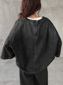 FRIFUL 女式宽松落肩圆领牛仔衬衫，带口袋 - 黑色 - 查看 4