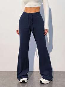 SHEIN EZwear 大码休闲家居服简约柔软弹力低腰海军蓝裤阔腿裤喇叭裤高腰裤女裤 - 藏蓝色 - 查看 4